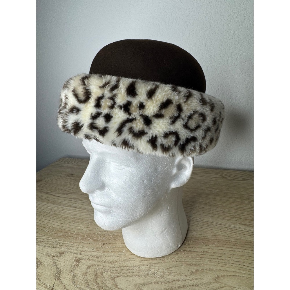 Commodore Vintage Brown Wool Felt Leopard Faux Fur Trim Pillbox Hat Women XS 20"